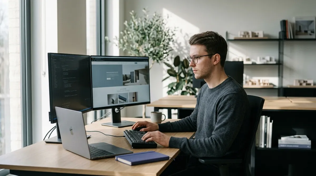 Développeur web devant du code et l'aperçu d'un site